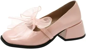 Patent Leather Mary Jane Shoes with Organza Bow, Square Toe Block Heel