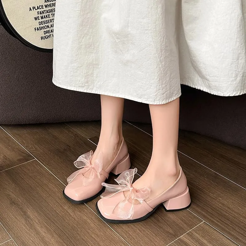 Patent Leather Mary Jane Shoes with Organza Bow, Square Toe Block Heel