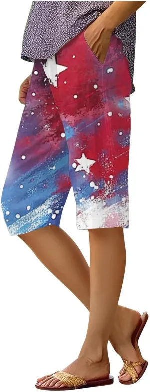 Patriotic Bermuda Shorts for Women Knee Length Independence Day Elastic Waist Loose American Flag Print Wide Leg Pants