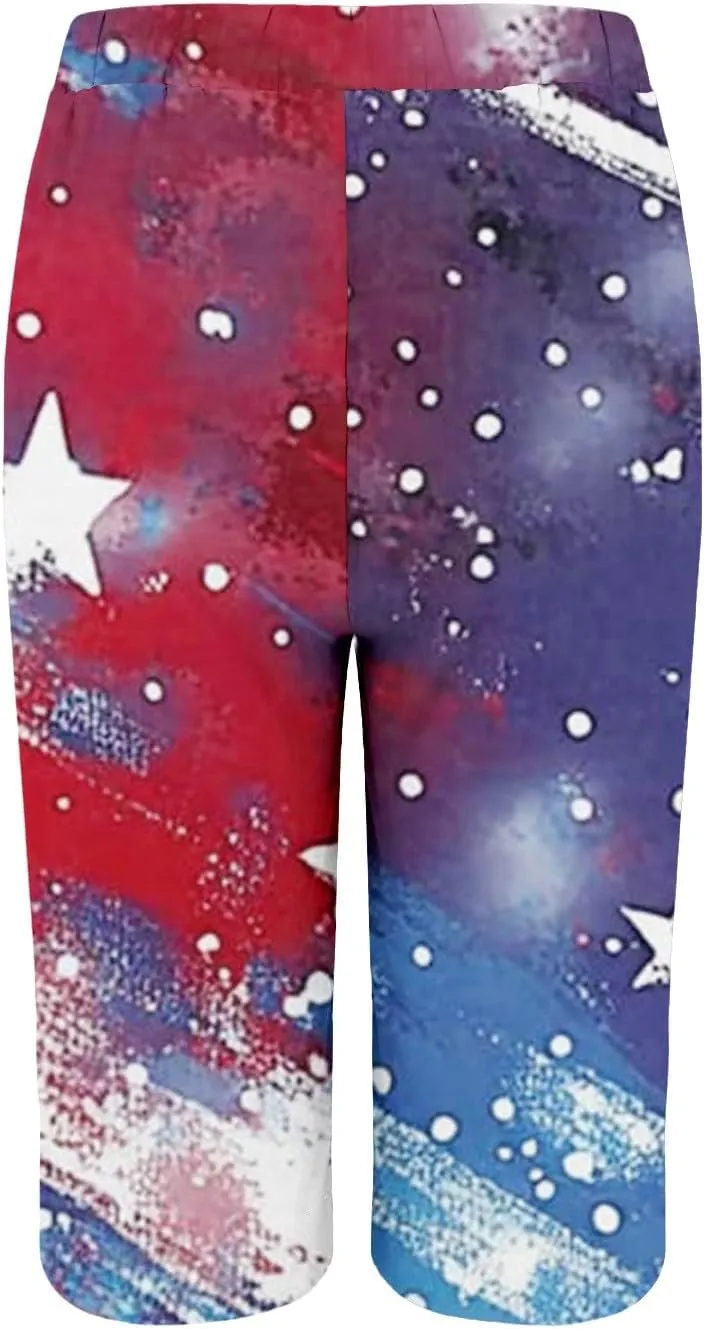 Patriotic Bermuda Shorts for Women Knee Length Independence Day Elastic Waist Loose American Flag Print Wide Leg Pants