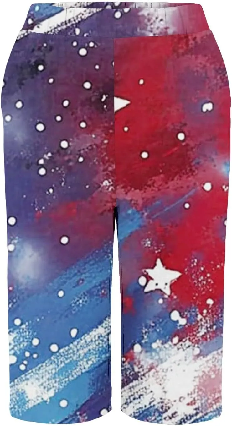 Patriotic Bermuda Shorts for Women Knee Length Independence Day Elastic Waist Loose American Flag Print Wide Leg Pants