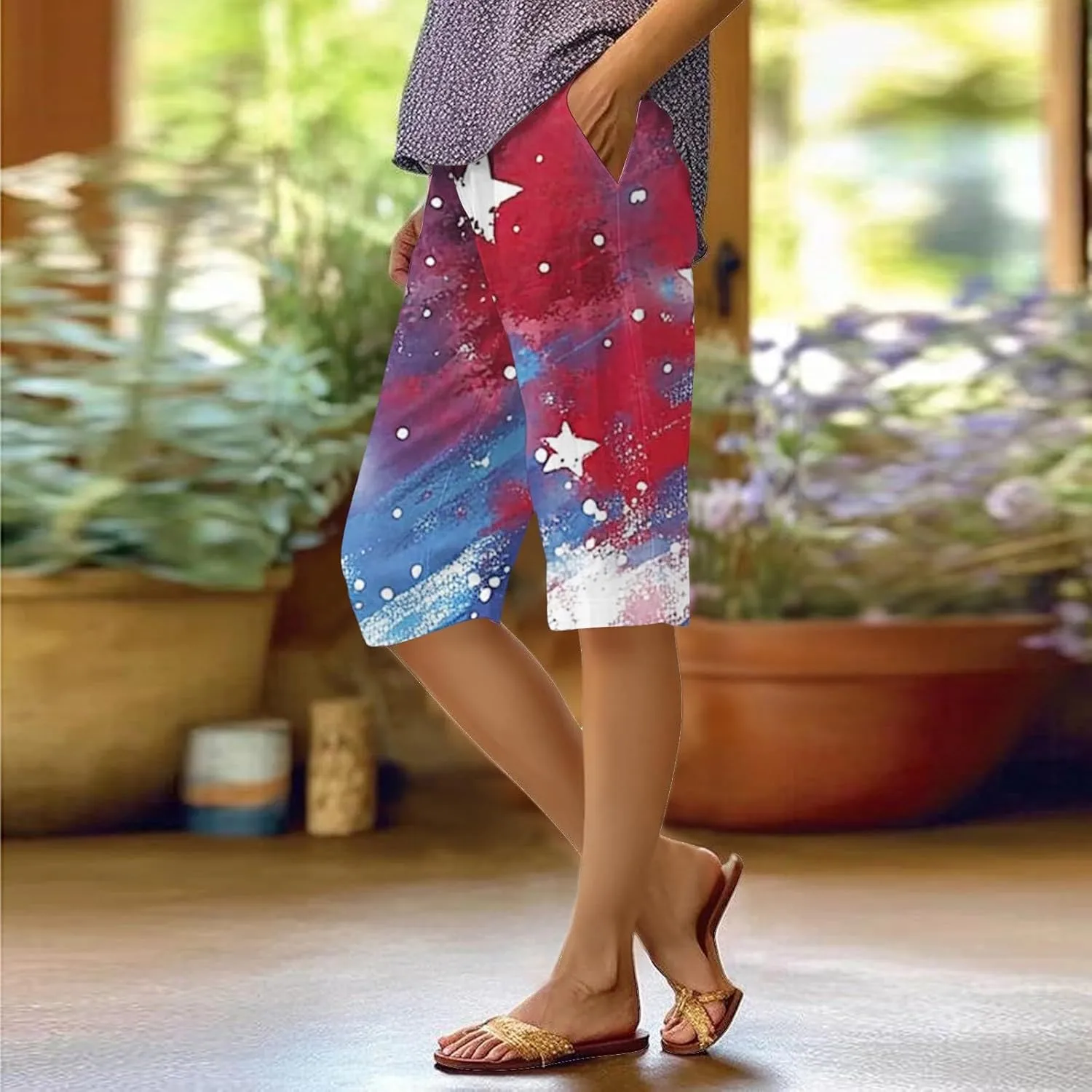 Patriotic Bermuda Shorts for Women Knee Length Independence Day Elastic Waist Loose American Flag Print Wide Leg Pants