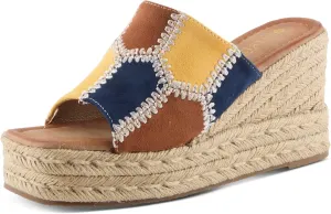 PATRIZIA Women's EVOLET Slide Sandals - Square Toe, Color Block Design, Jute Braided Platform, 4" Heel