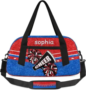 Personalized Name Cheer Bag Custom Sport Duffel Bag for Girls Cheerleader Bags Overnight Weekender Bags Carry On Travel Bag, Glitter Blue Red