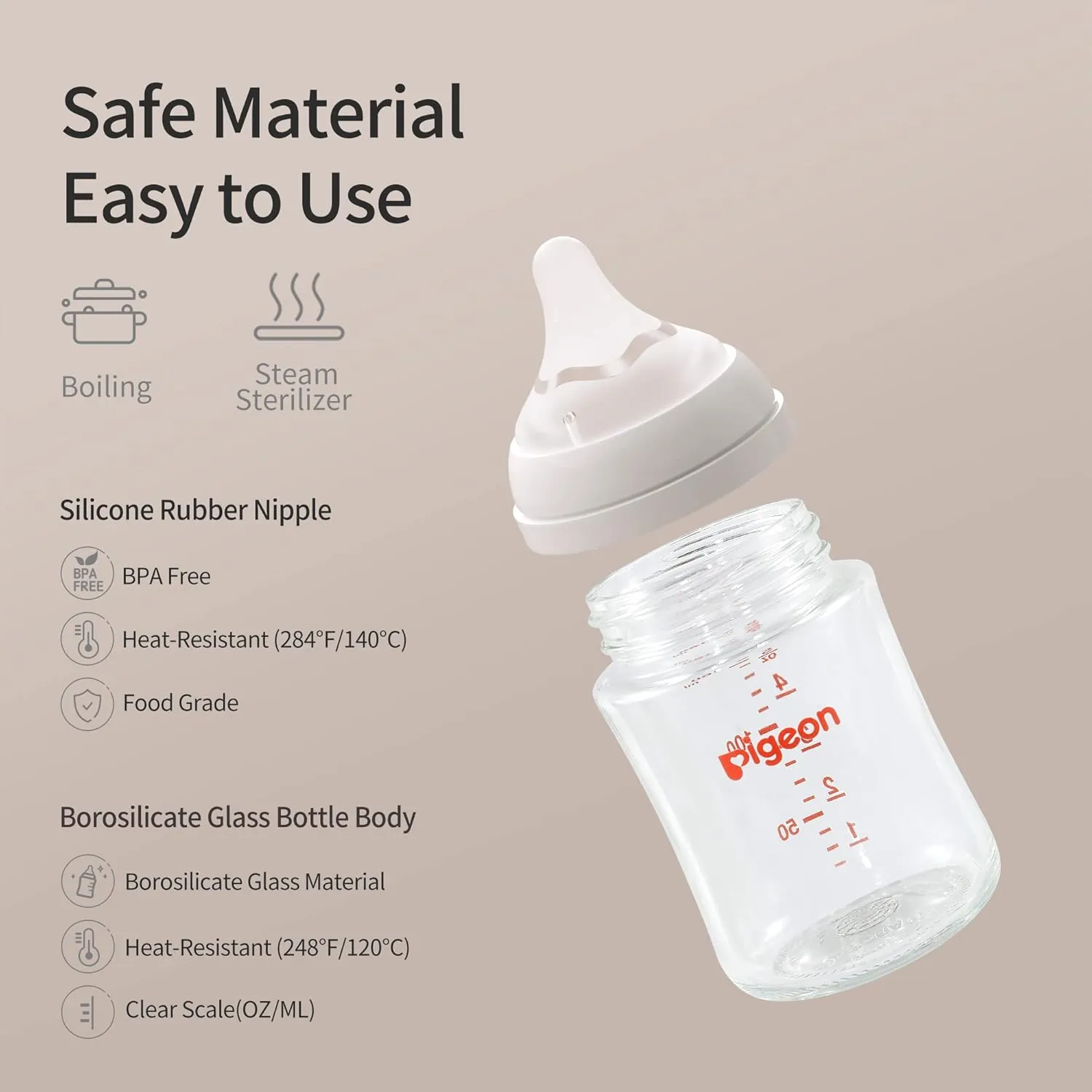 Pigeon Glass Nursing Bottle Wide Neck, Anti-Colic, Streamlined Body, Natural Feel, Easy to Clean, Heat-Resistant, 5.4 Oz(Pack of 2), Includes 2pcs SS Nipples (0m )