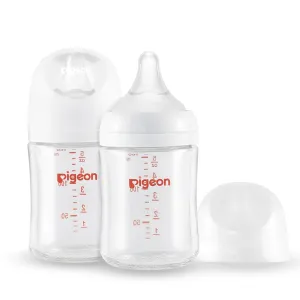 Pigeon Glass Nursing Bottle Wide Neck, Anti-Colic, Streamlined Body, Natural Feel, Easy to Clean, Heat-Resistant, 5.4 Oz(Pack of 2), Includes 2pcs SS Nipples (0m )