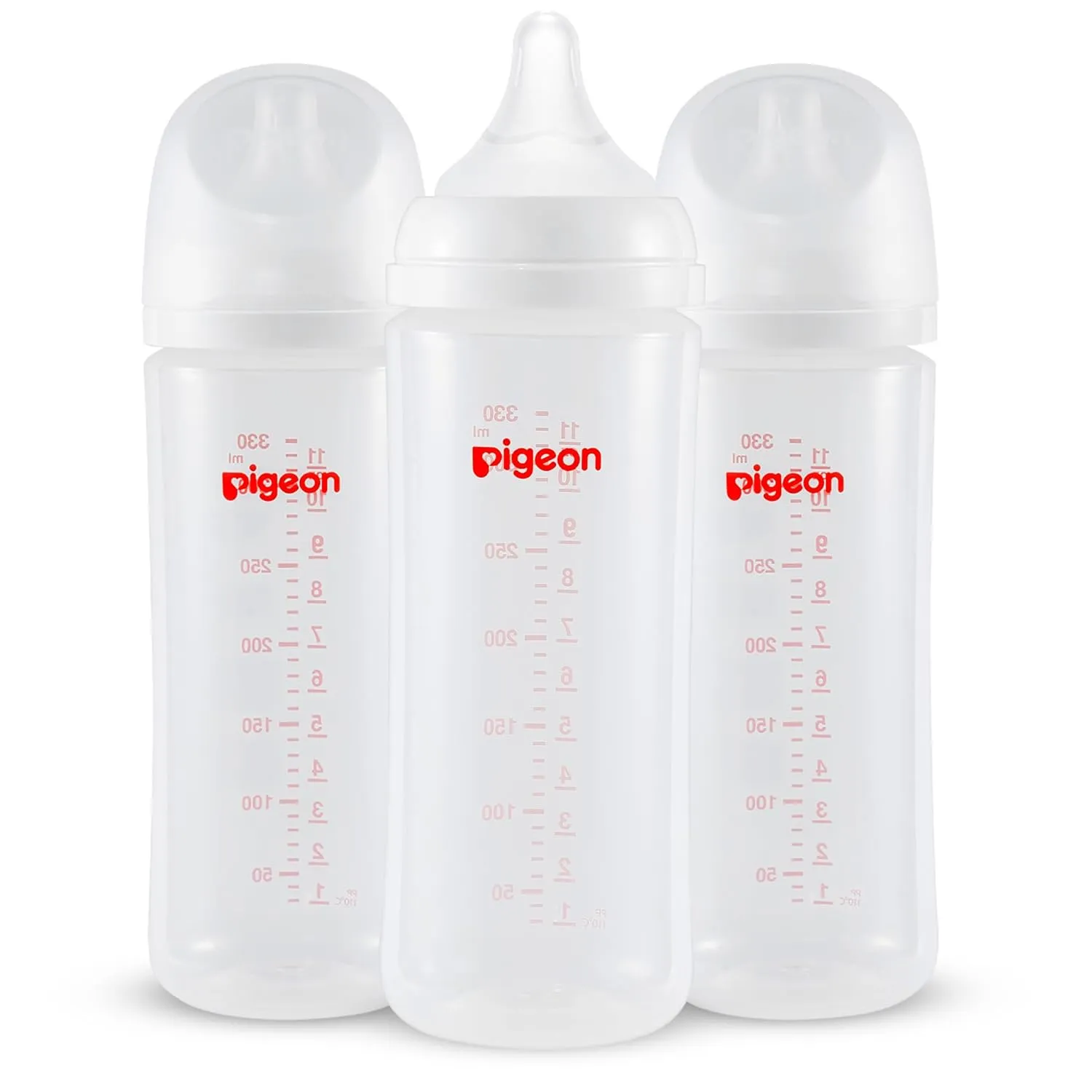 Pigeon PP Nursing Bottle Wide Neck, Anti-Colic, Streamlined Body, Natural Feel, Easy to Clean, 11.2 Oz (Pack of 3), Includes 3pcs L Nipples (6m )