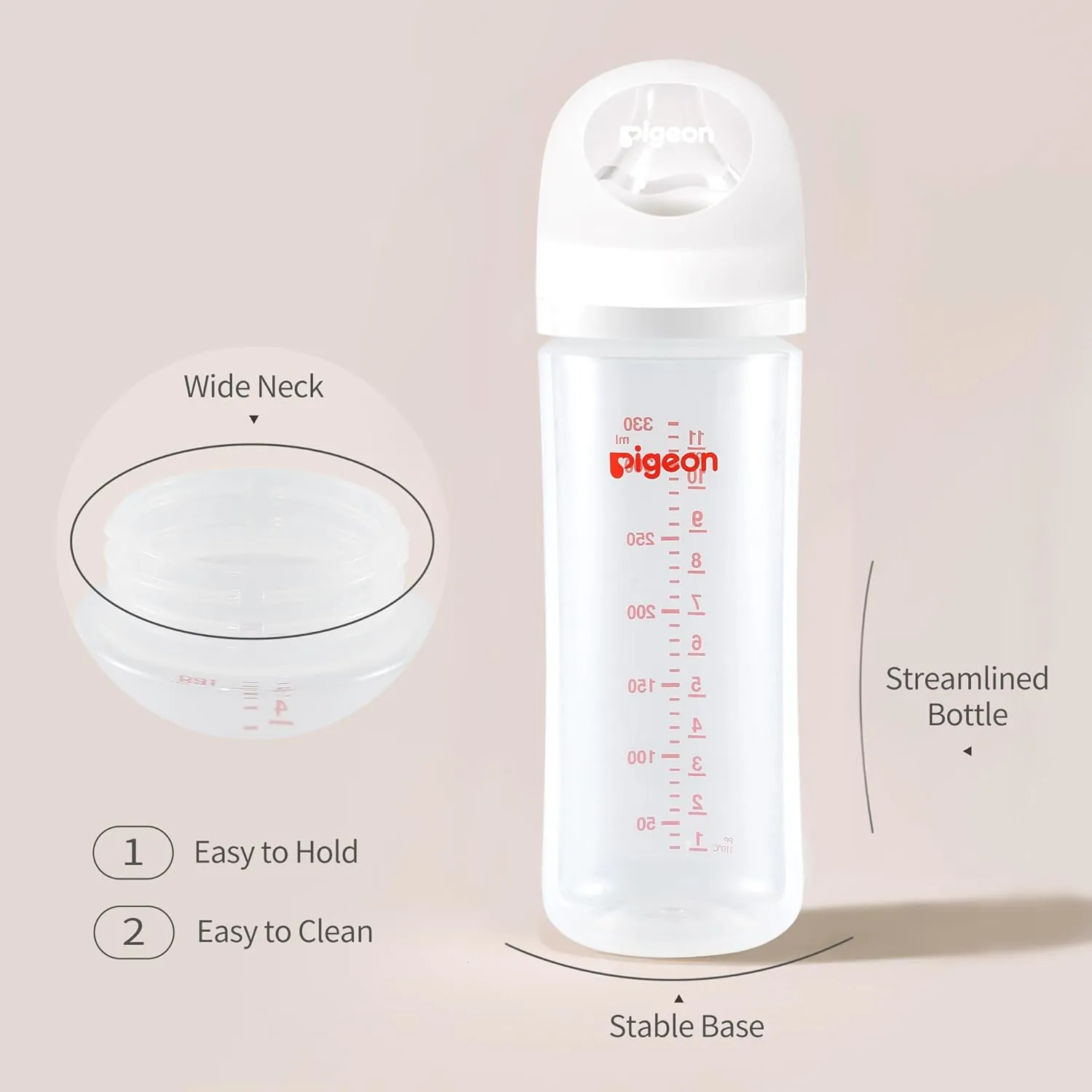 Pigeon PP Nursing Bottle Wide Neck, Anti-Colic, Streamlined Body, Natural Feel, Easy to Clean, 11.2 Oz (Pack of 3), Includes 3pcs L Nipples (6m )