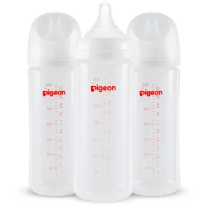 Pigeon PP Nursing Bottle Wide Neck, Anti-Colic, Streamlined Body, Natural Feel, Easy to Clean, 11.2 Oz (Pack of 3), Includes 3pcs L Nipples (6m )