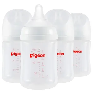 Pigeon PP Nursing Bottle Wide Neck, Anti-Colic, Streamlined Body, Natural Feel, Easy to Clean, 5.4 Oz (Pack of 4), Includes 4pcs SS Nipples (0m )