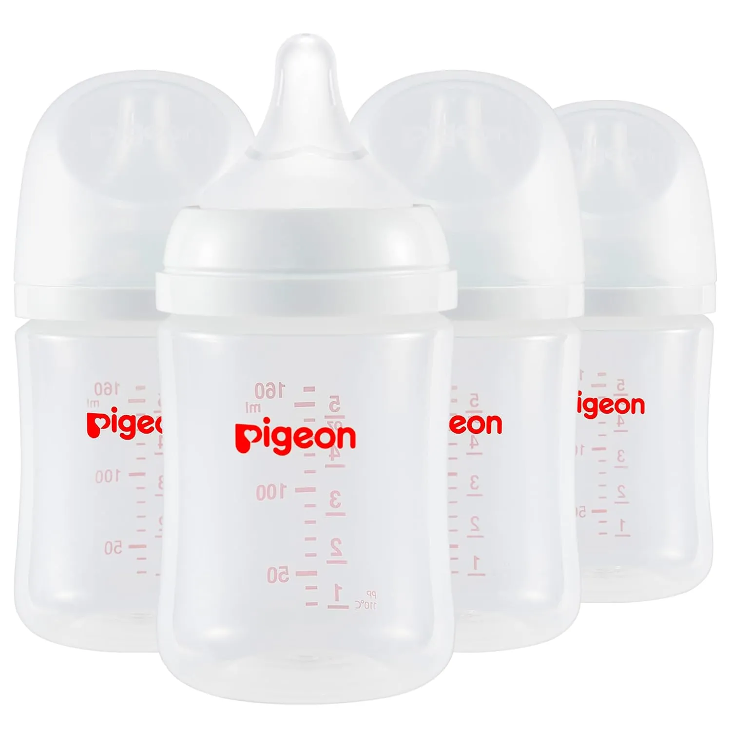 Pigeon PP Nursing Bottle Wide Neck, Anti-Colic, Streamlined Body, Natural Feel, Easy to Clean, 5.4 Oz (Pack of 4), Includes 4pcs SS Nipples (0m )