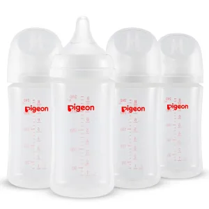 Pigeon PP Nursing Bottle Wide Neck, Anti-Colic, Streamlined Body, Natural Feel, Easy to Clean, 8.1 Oz(Pack of 4), Includes 4pcs M Nipples (3m )