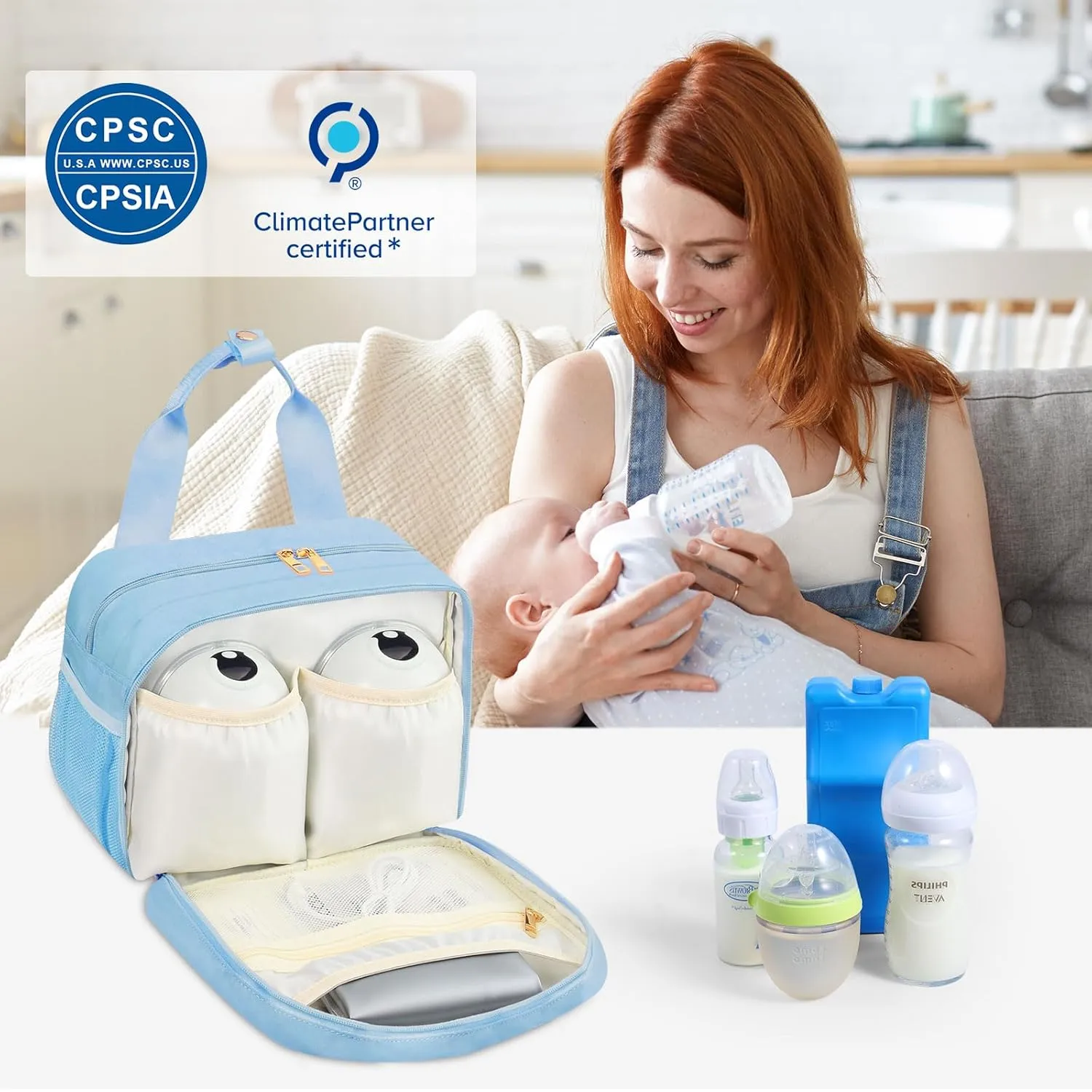 PIIOSER Breastmilk Cooler Bag with Ice Pack, Compatible with Wearable Breast Pumps & Accessories - Portable Pumps Carrying Case for Nursing & Working Moms, Blue