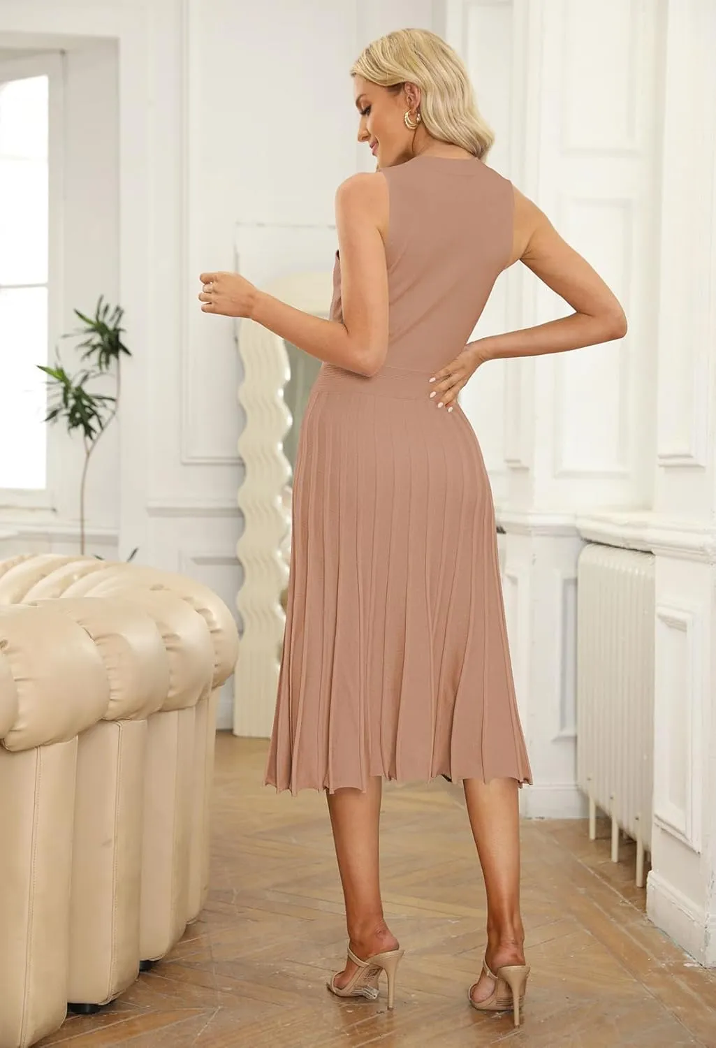 Pink Queen Women's Crew Neck Sleeveless High Waisted Bodycon Pleated Ribbed Swing Knit Midi Dresses