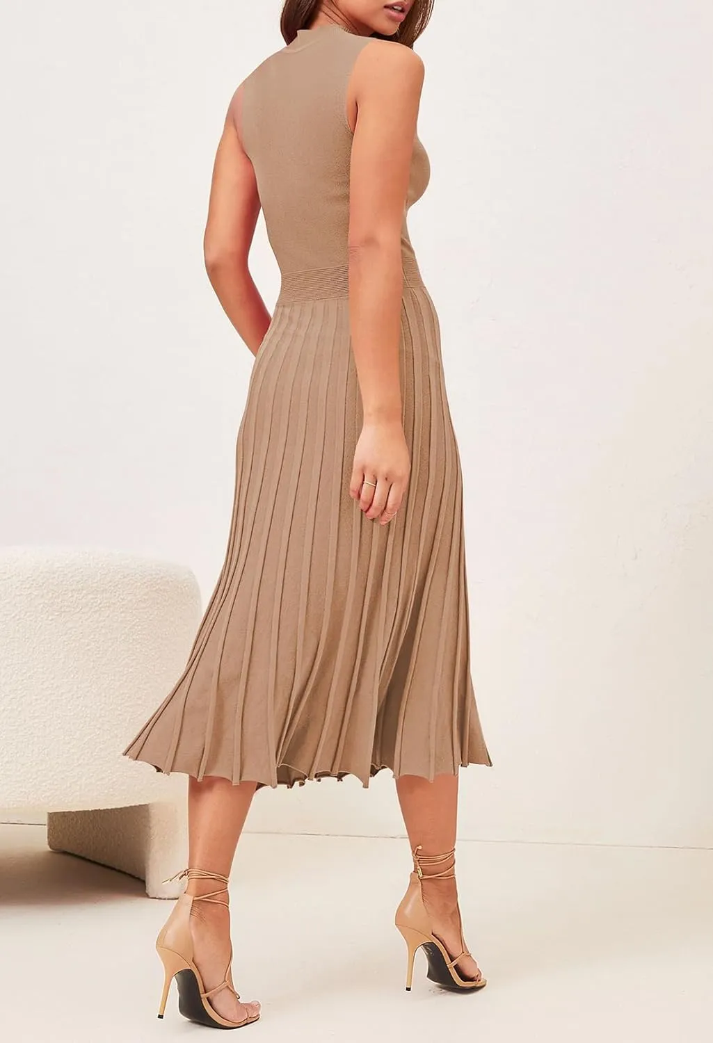 Pink Queen Women's Crew Neck Sleeveless High Waisted Bodycon Pleated Ribbed Swing Knit Midi Dresses