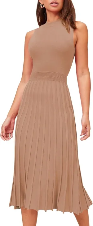 Pink Queen Women's Crew Neck Sleeveless High Waisted Bodycon Pleated Ribbed Swing Knit Midi Dresses