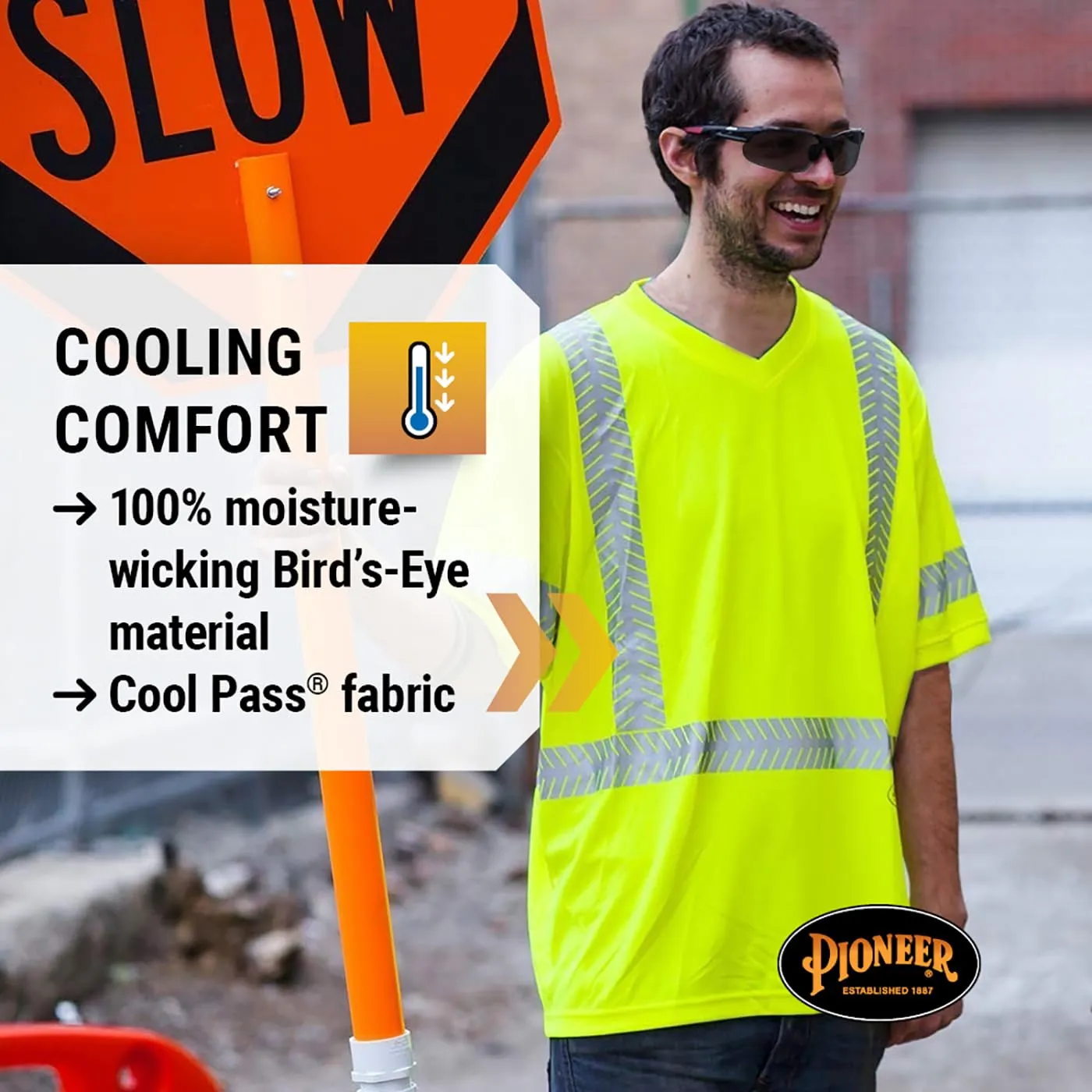 Pioneer Hi Vis Safety T-Shirt for Men - Lightweight Cool Pass Fabric - UPF 50  Sun Protection - Reflective Tape - Yellow/Green