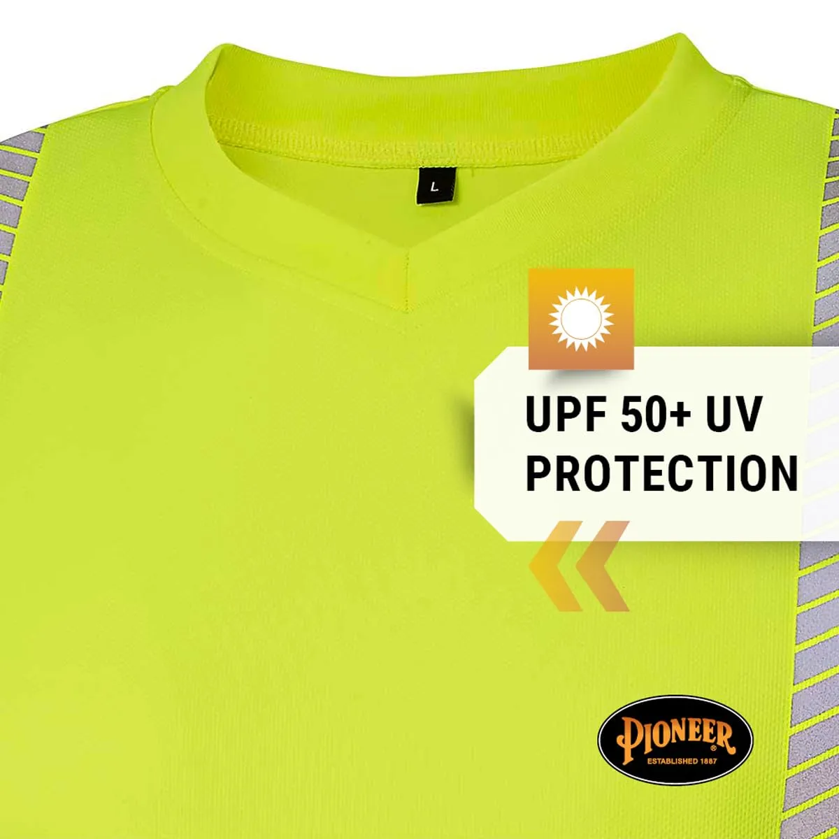 Pioneer Hi Vis Safety T-Shirt for Men - Lightweight Cool Pass Fabric - UPF 50  Sun Protection - Reflective Tape - Yellow/Green