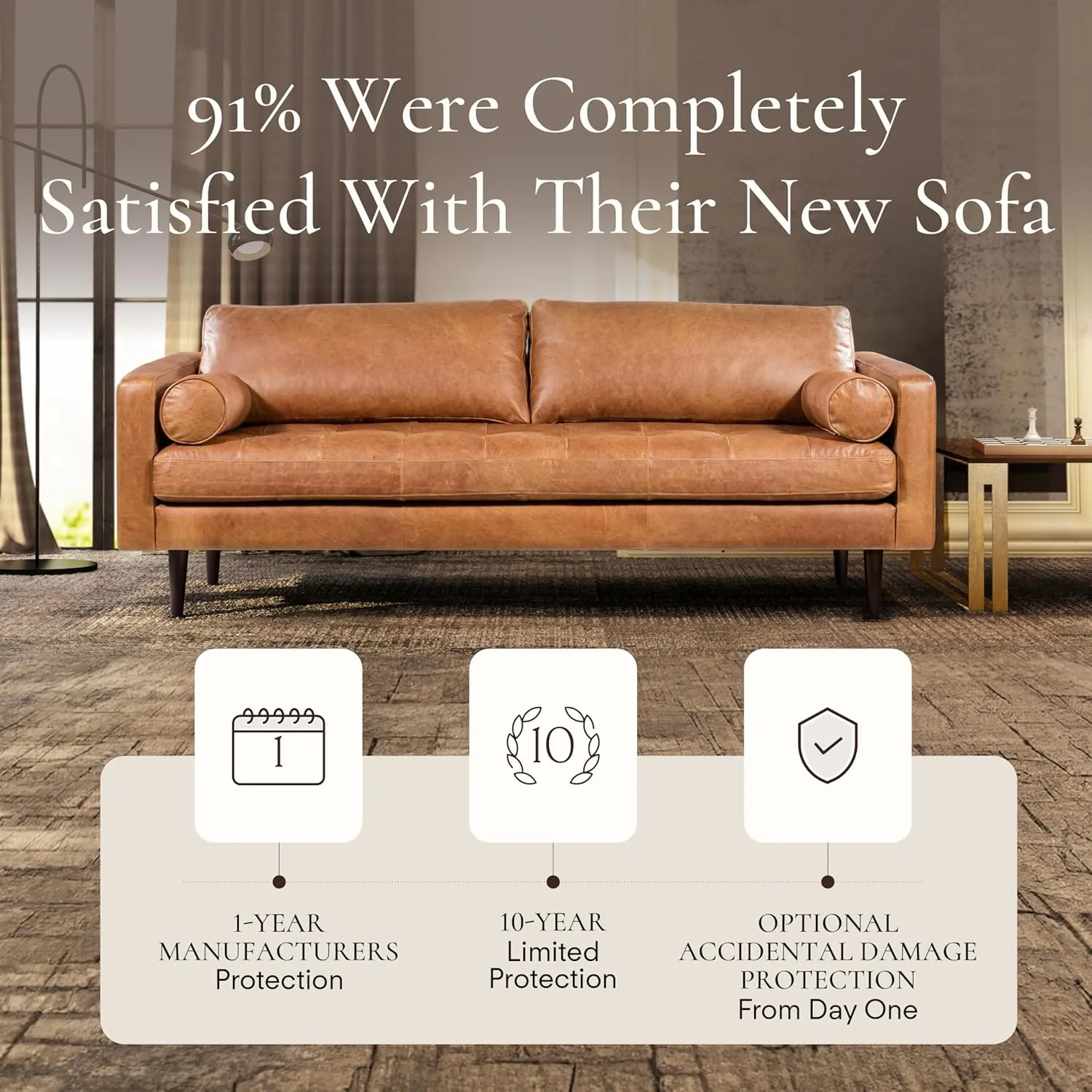 POLY & BARK Cognac Tan Brown Leather Couch - 88.5" Mid Century Leather Sofa with 2 Bolsters - Full Grain Camel Leather Couch - Feather-Down Topper On Seating Surface - Pure-Aniline Italian Leather