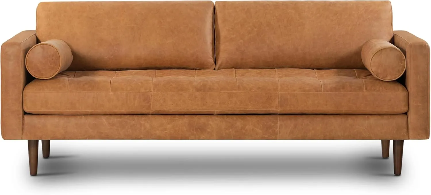 POLY & BARK Cognac Tan Brown Leather Couch - 88.5" Mid Century Leather Sofa with 2 Bolsters - Full Grain Camel Leather Couch - Feather-Down Topper On Seating Surface - Pure-Aniline Italian Leather