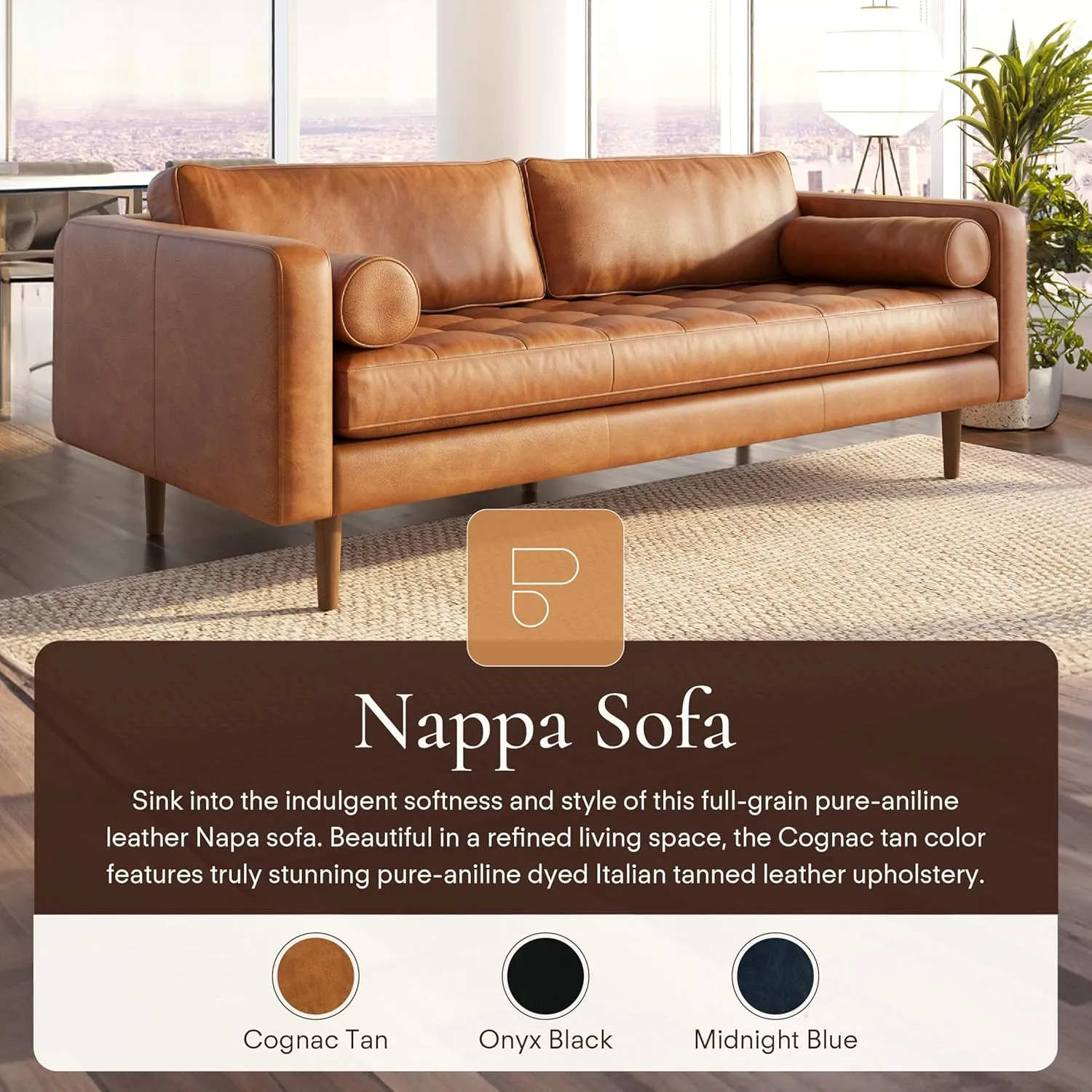 POLY & BARK Cognac Tan Brown Leather Couch - 88.5" Mid Century Leather Sofa with 2 Bolsters - Full Grain Camel Leather Couch - Feather-Down Topper On Seating Surface - Pure-Aniline Italian Leather