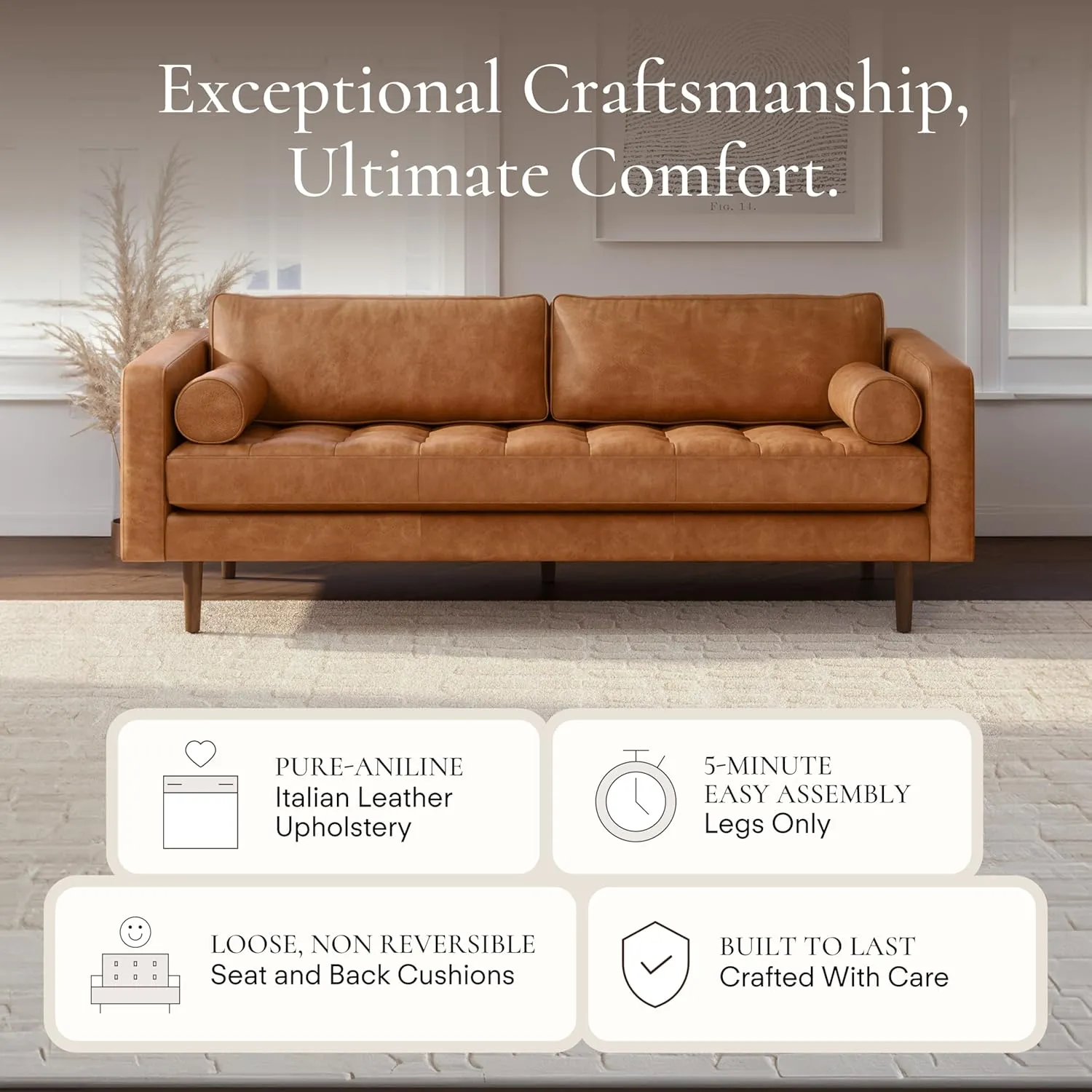 POLY & BARK Cognac Tan Brown Leather Couch - 88.5" Mid Century Leather Sofa with 2 Bolsters - Full Grain Camel Leather Couch - Feather-Down Topper On Seating Surface - Pure-Aniline Italian Leather
