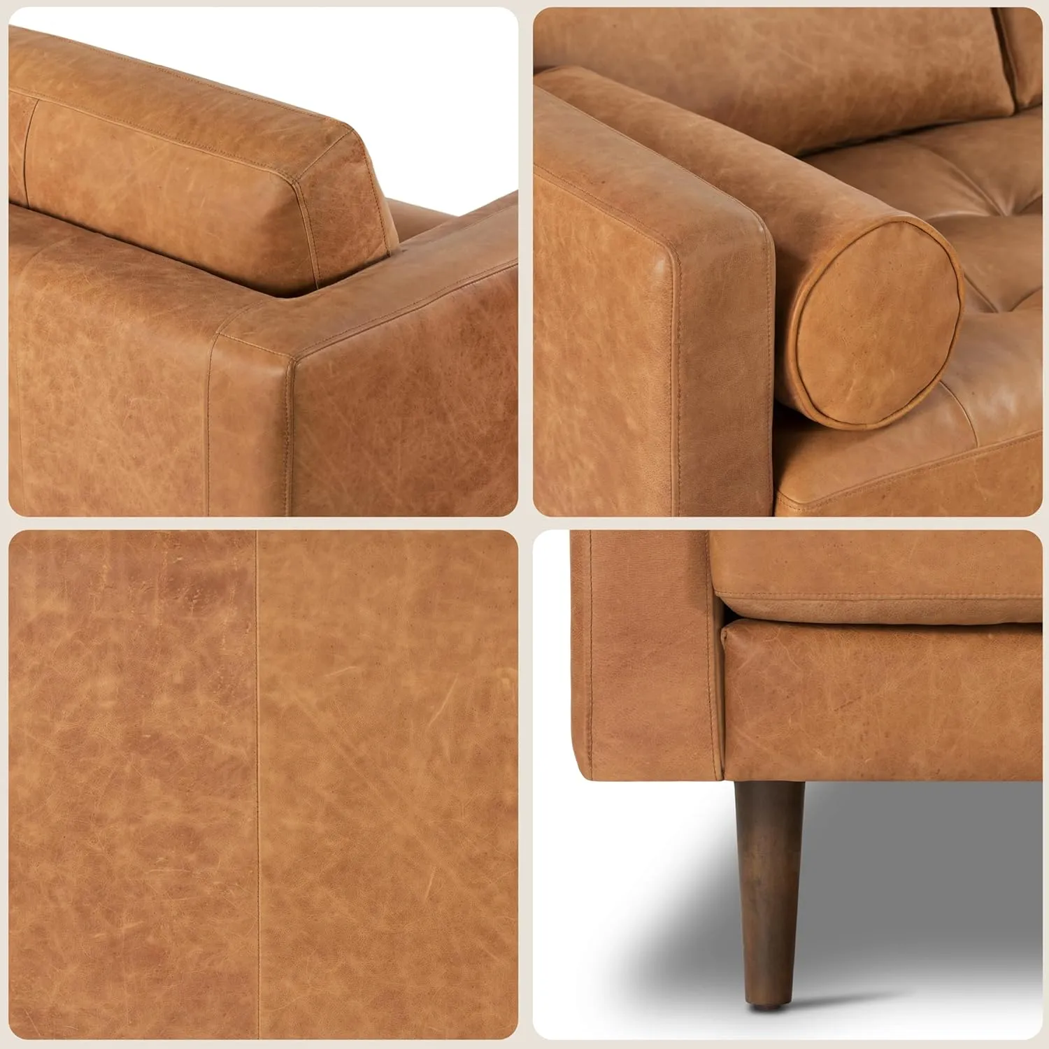 POLY & BARK Cognac Tan Brown Leather Couch - 88.5" Mid Century Leather Sofa with 2 Bolsters - Full Grain Camel Leather Couch - Feather-Down Topper On Seating Surface - Pure-Aniline Italian Leather
