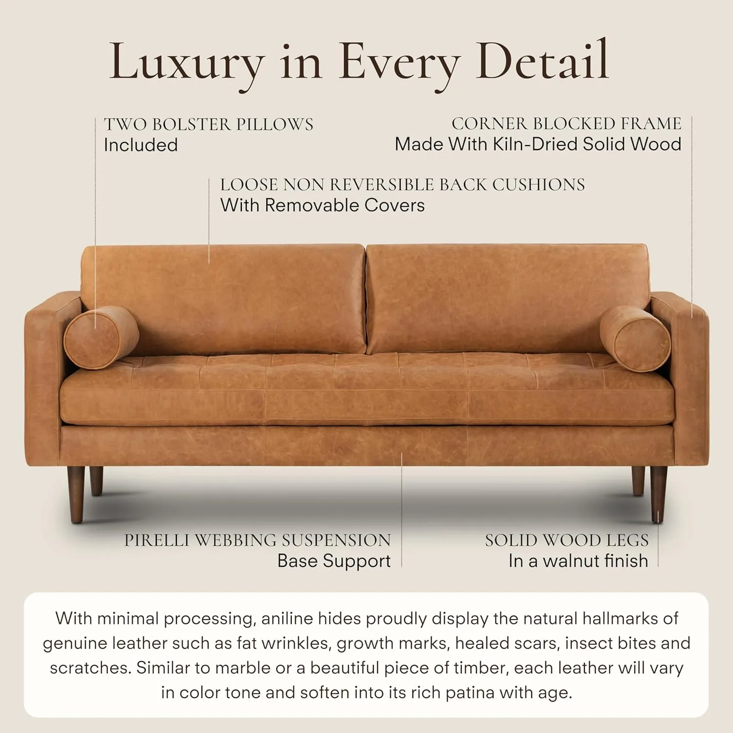 POLY & BARK Cognac Tan Brown Leather Couch - 88.5" Mid Century Leather Sofa with 2 Bolsters - Full Grain Camel Leather Couch - Feather-Down Topper On Seating Surface - Pure-Aniline Italian Leather