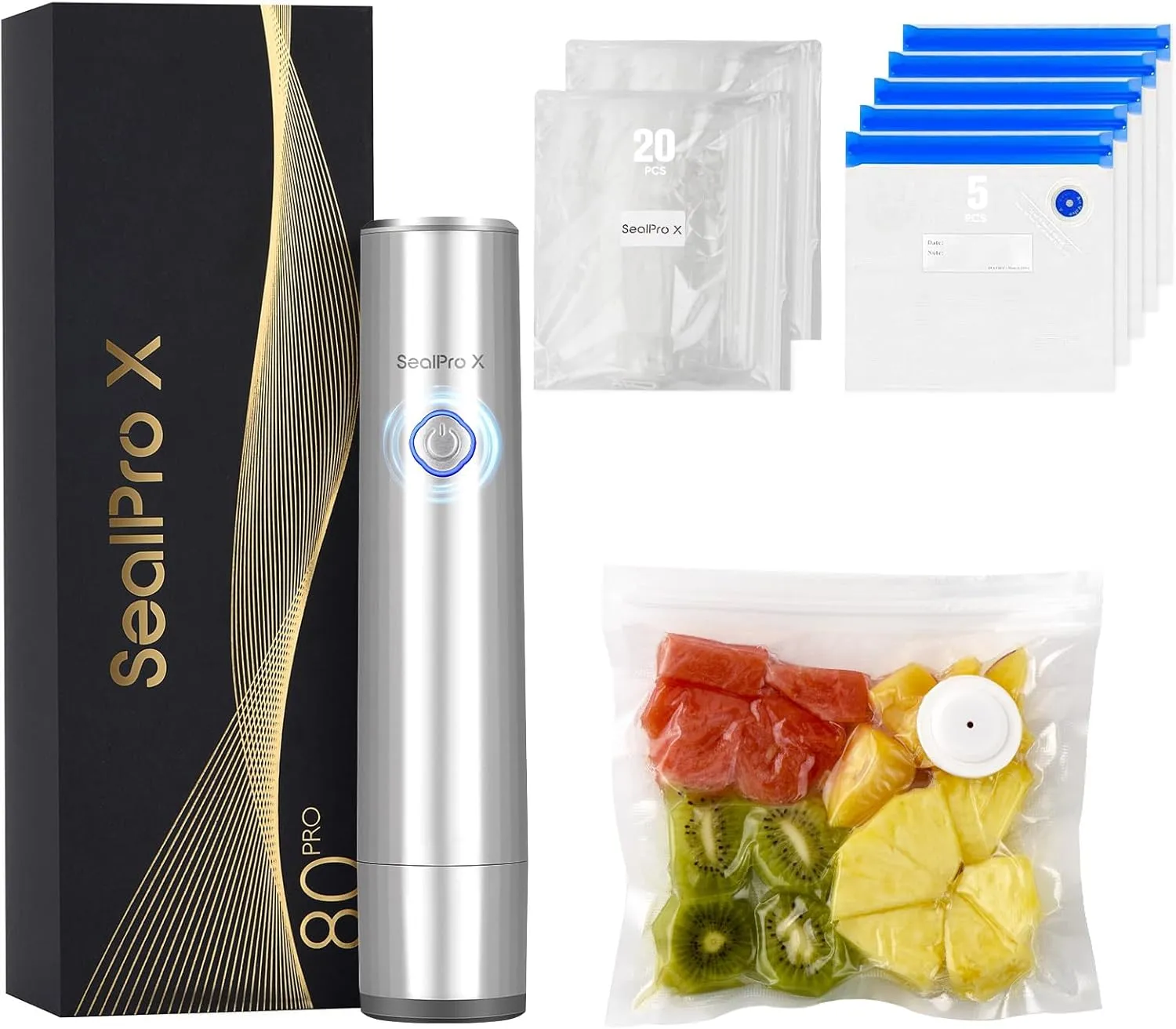 Portable Handheld Vacuum Sealer for Food Preservation, Cordless Vacuum Sealer Mini Sealer   25 Reusable Sous Vide Bags