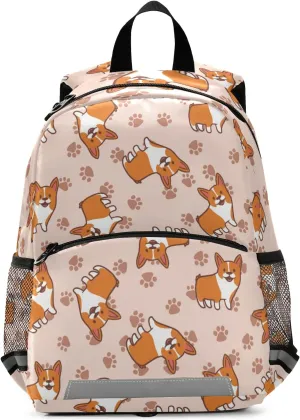 Preschool Backpacks,Corgis Paw Kid's Casual Travel Bookbag with Leash,Cute Toddler Backpacks for Boys and Girls