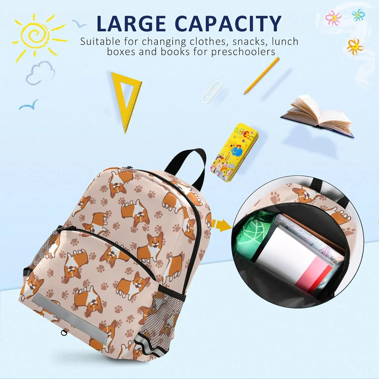 Preschool Backpacks,Corgis Paw Kid's Casual Travel Bookbag with Leash,Cute Toddler Backpacks for Boys and Girls