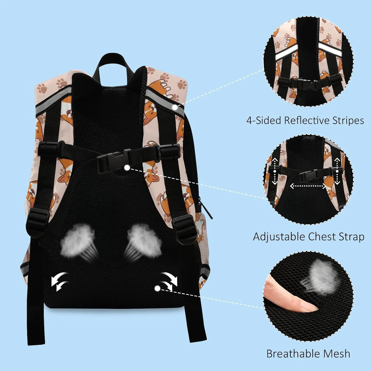 Preschool Backpacks,Corgis Paw Kid's Casual Travel Bookbag with Leash,Cute Toddler Backpacks for Boys and Girls