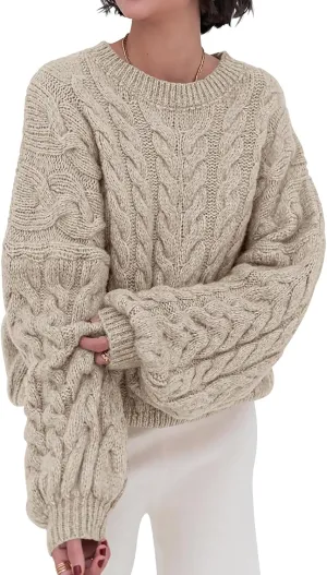 PRETTYGARDEN Womens Sweaters Spring 2025 Cable Knit Long Sleeve Crewneck Oversized Sweater Chunky Pullover Loose Outfits
