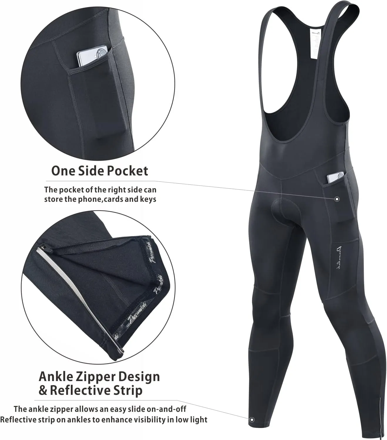 Przewalski Men's Cycling Bib Pants 4D Padded Bike Fleece Lined Thermal Biking Tights Leggings Riding Bicycle Pants