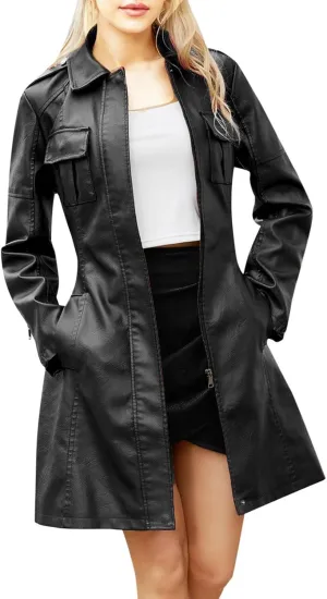 PTOLOCIF Womens PU Faux Leather Jacket Casual Lapel Long Suit Full Zip Windbreaker Fall Trench Coat Outerwear with Pockets
