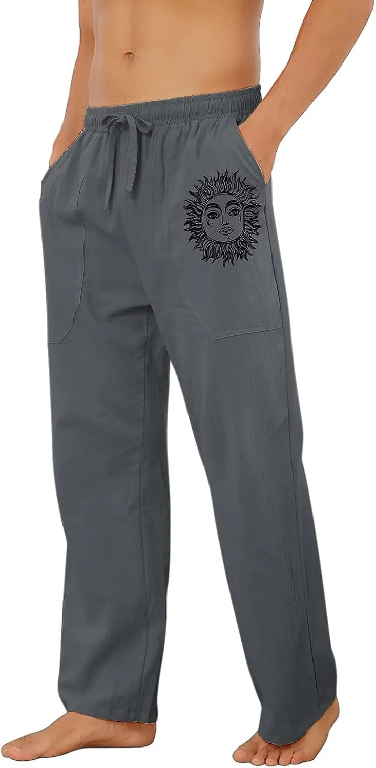 Puimentiua Cotton Linen Pants Men, Summer Beach Pants Loose Fit with Elastic Waist Drawstring
