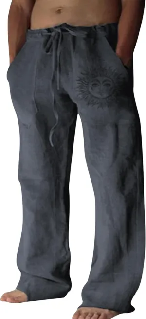Puimentiua Cotton Linen Pants Men, Summer Beach Pants Loose Fit with Elastic Waist Drawstring