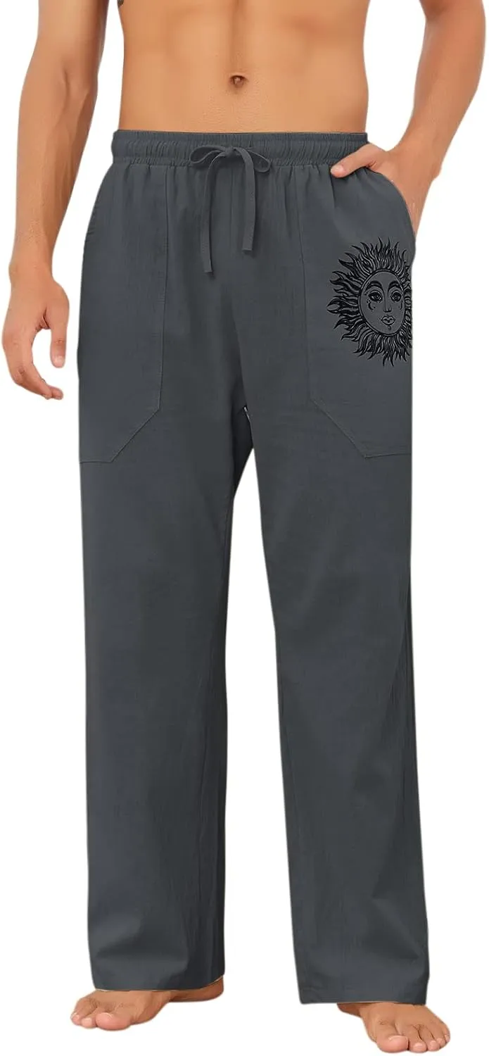 Puimentiua Cotton Linen Pants Men, Summer Beach Pants Loose Fit with Elastic Waist Drawstring