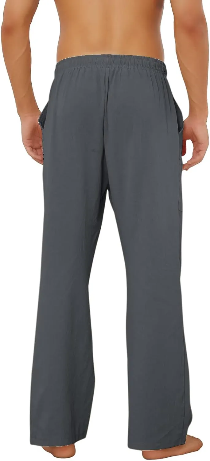Puimentiua Cotton Linen Pants Men, Summer Beach Pants Loose Fit with Elastic Waist Drawstring