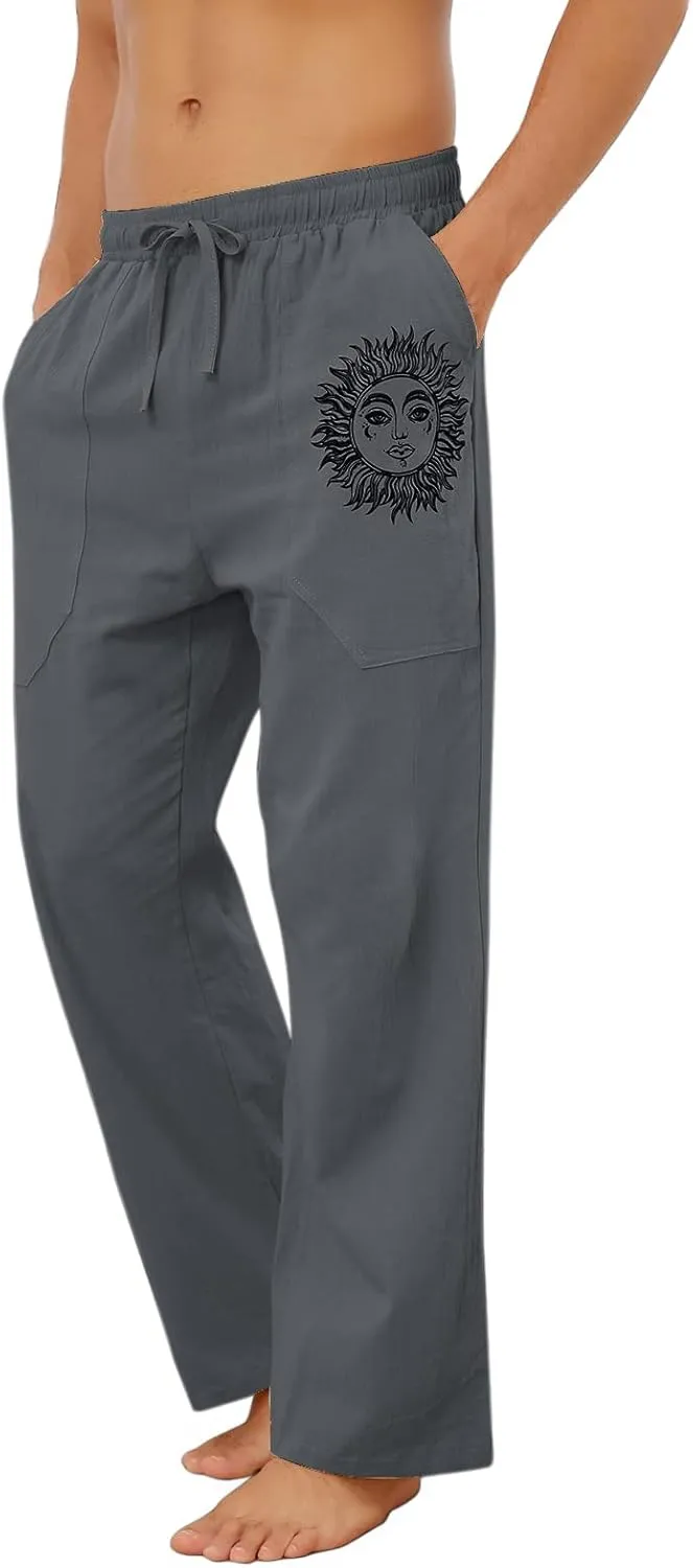Puimentiua Cotton Linen Pants Men, Summer Beach Pants Loose Fit with Elastic Waist Drawstring