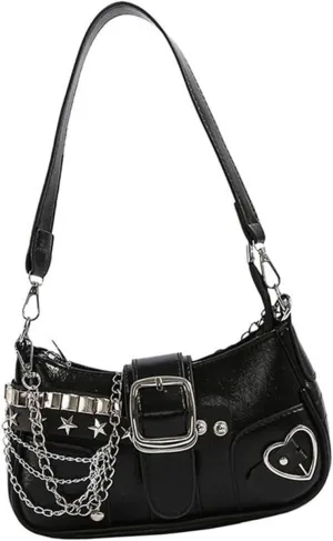 Punk PU Leather Single Shoulder Bag with Chain for Women Grunge Star Rivets Underarm Purse Handbag Zippered Armpit Bag