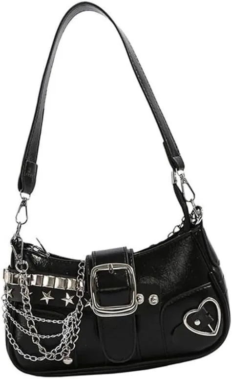Punk Underarm Bag with Metal Chain for Women Grunge Star Rivets PU Leather Handbag Armpit Purse Single Shoulder Bag