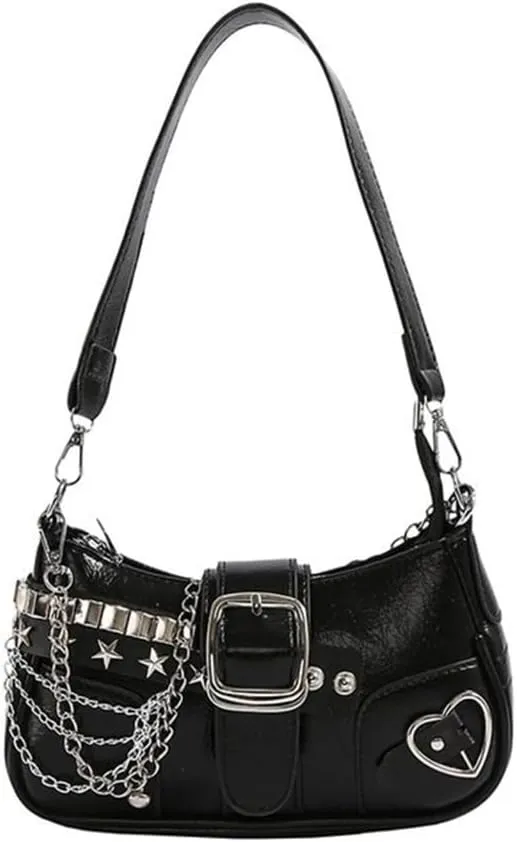 Punk Underarm Bag with Metal Chain for Women Grunge Star Rivets PU Leather Handbag Armpit Purse Single Shoulder Bag