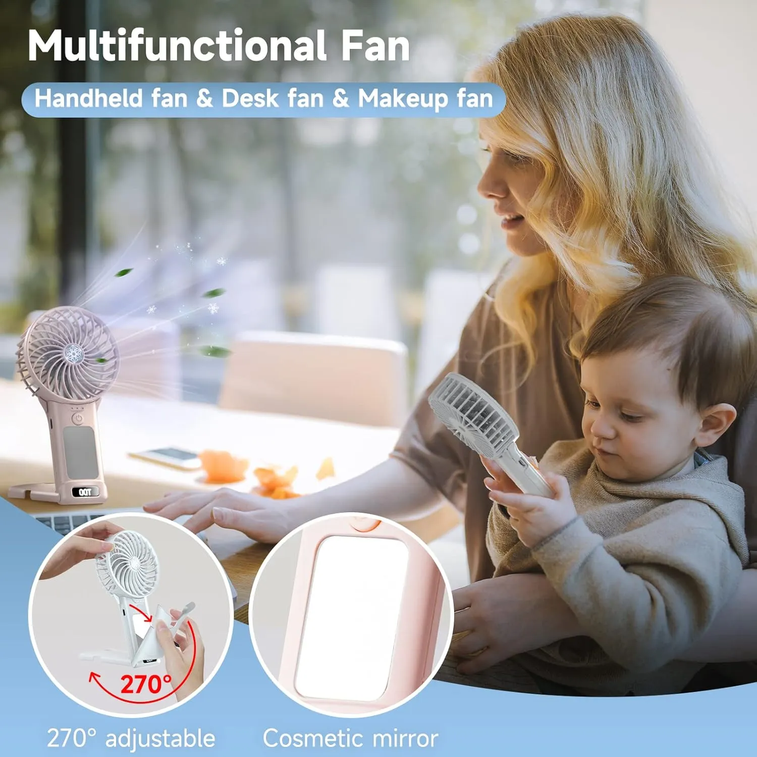 QQT Mini Handheld Fan,4 Speed Adjustable Portable Battery Operated Fans,USB Rechargeable Desk Fan with Mirror,Max 20 Hrs Hand Fan For Travel Office Outdoor Women Men（Pink&Black）