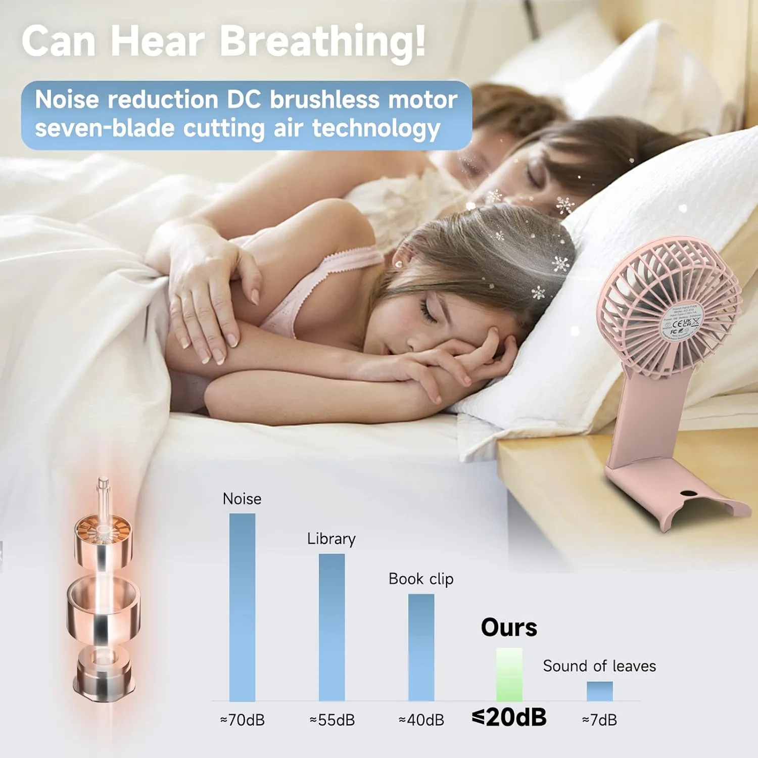 QQT Mini Handheld Fan,4 Speed Adjustable Portable Battery Operated Fans,USB Rechargeable Desk Fan with Mirror,Max 20 Hrs Hand Fan For Travel Office Outdoor Women Men（Pink&Black）