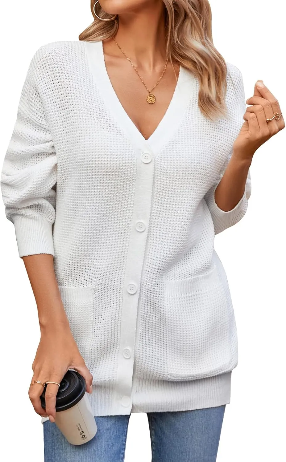 QUALFORT Women's 100% Cotton Cardigan Sweaters for Women Button Down Oversized Knit Outerwear with Pockets