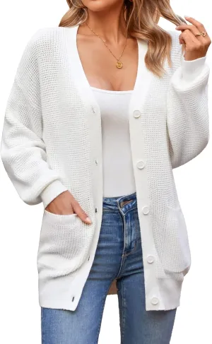 QUALFORT Women's 100% Cotton Cardigan Sweaters for Women Button Down Oversized Knit Outerwear with Pockets