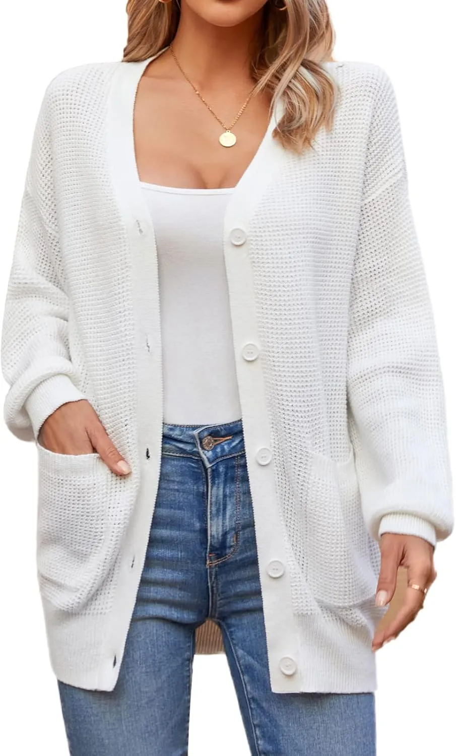 QUALFORT Women's 100% Cotton Cardigan Sweaters for Women Button Down Oversized Knit Outerwear with Pockets