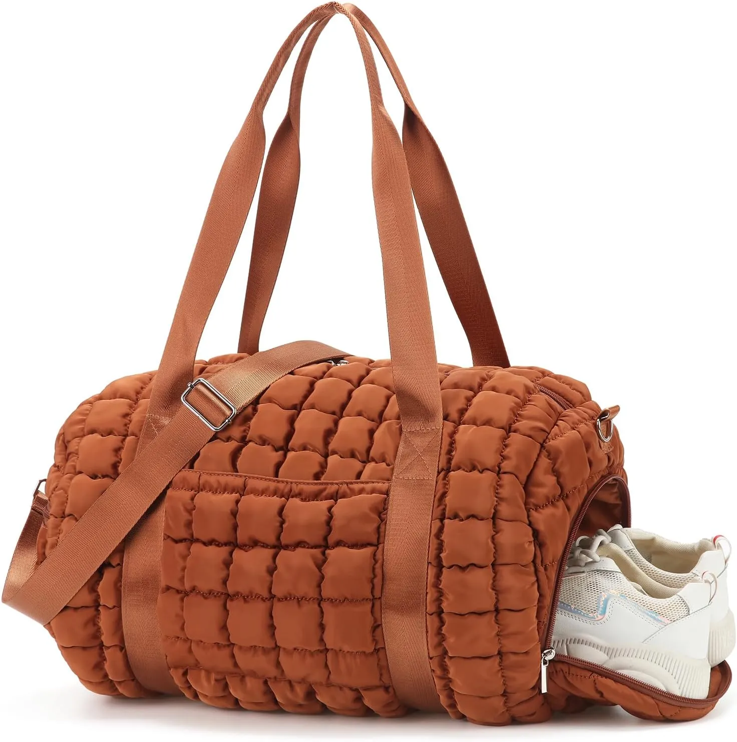 Quilted Puffer Duffel Bag for Women, Large Sports Travel Puffer Weekender Bag with Shoe Compartment, Soft Puffy Carry on Gym Bag for Airplane,Brown