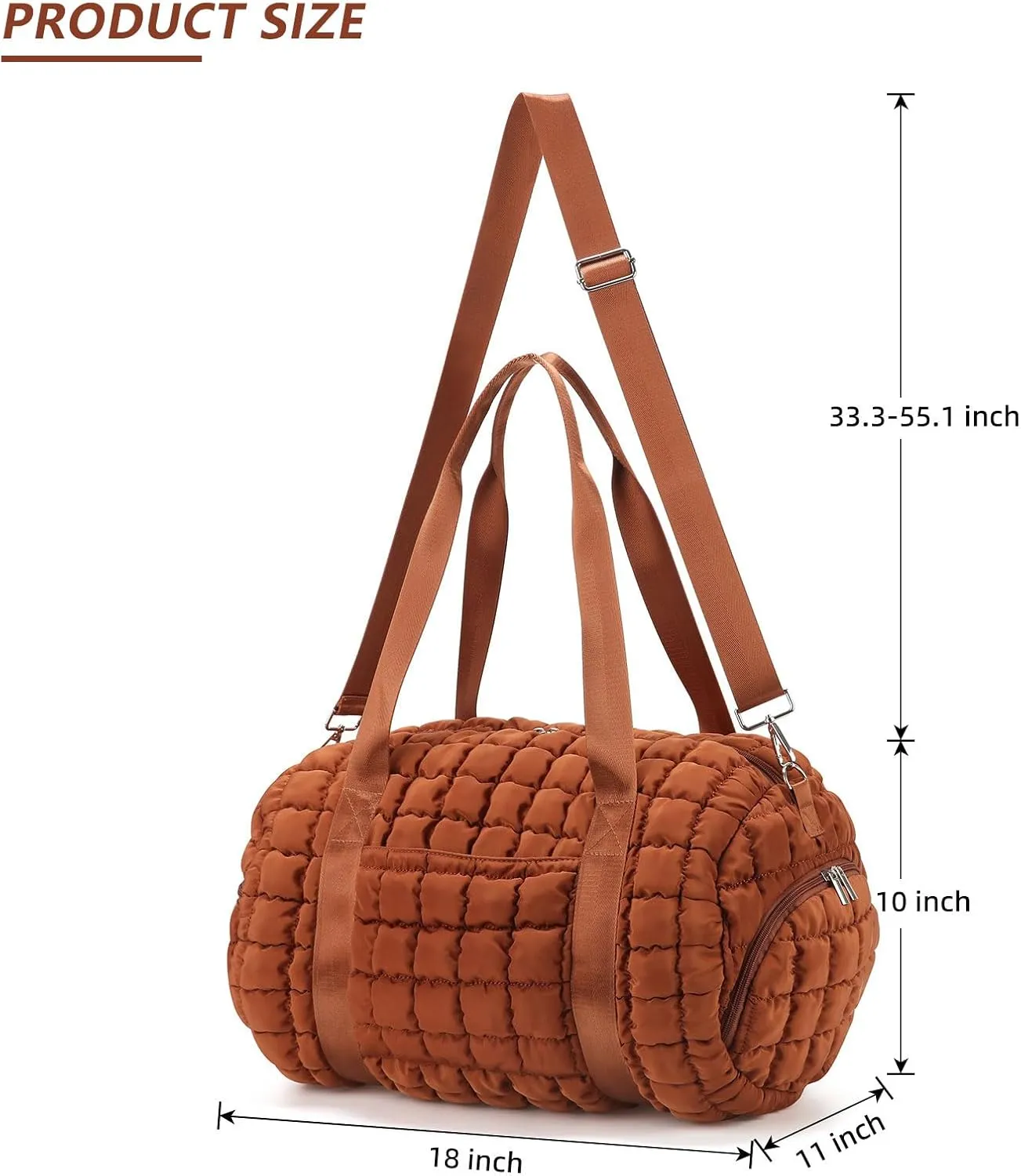 Quilted Puffer Duffel Bag for Women, Large Sports Travel Puffer Weekender Bag with Shoe Compartment, Soft Puffy Carry on Gym Bag for Airplane,Brown